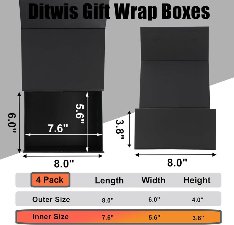 Ditwis 4 Pack 8x6x4 Inches Gift Boxes with Magnetic Closure Lids, Black Magnetic Box for Wedding, Groomsmen Bridesmaid Proposal, Birthdays, Mother's Day - Image 2
